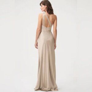 Jenny Yoo Satin Champagne Gold Single Strap One Shoulder Formal Dress